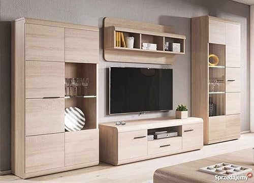 Vika Wall Unit LUCANO living room furniture TV stand +2 glassy cupboards + shelf 4 parts oak colour