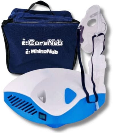 Curaneb aerosol a pistone portatile per bambini ed adulti. Potente e silenzioso, completo di borsa per il trasporto ed accessori. Compatibile con accessori di Nebula, Omron, Laica, Breuer