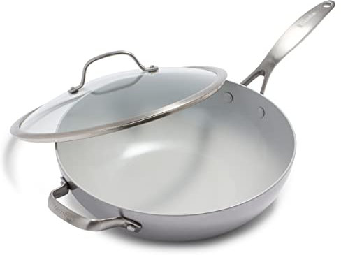 GreenPan Venice Pro Tri-Ply 30cm Wok mit Hilfsgriff und Deckel, Gesundes Antihaft-Kochgeschirr aus Edelstahl, PFAS-frei, Mehrschichtig, Induktion, Spülmaschinenfest, Backofenfest, Silber