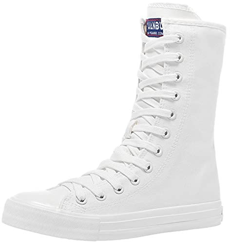 rismart Mujer Botas Lona Media Pierna Punk Altos Cordones Moda Sneakers(Blanco,36 EU)