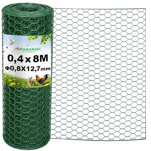 Amagabeli Maschendrahtzaun Sechseckgeflecht (12.7 mm) Maschenweite, 40cm Höhe, 8m Länge, Drahtgitter,PVC-Beschichtet Grün – Kaninchendraht, Hasendraht, Hühnerdraht, Zaunrolle, Gartenzaun, Forstzaun