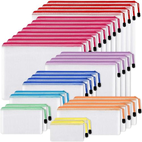 EOOUT 30 Stück Netztaschen mit Reißverschluss, 8 Größen, Plastikbeutel, 8 Farben, wasserdichte Taschen mit Schiebeverschluss, Mehrzwecktasche für Reisen, Schulbedarf, Büro und Heimorganisation