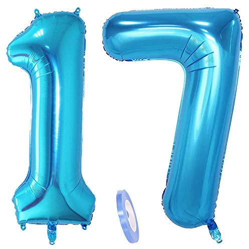 2 globos numeros 17, número 17 azul niñas niño infantil,40 figuras globo inflable gigante grande de papel de helio number globo azules para cumpleaños 17 años niños decoración de fiesta (xxxl 100cm)
