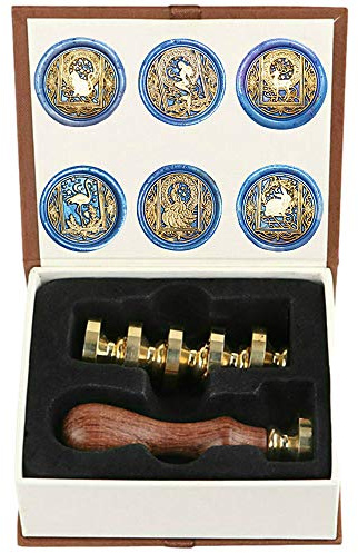 ANBOSE Starry Animal Wax Seal Stamp Set with 6 PCS Removable Brass Heads and 1 Wooden Handle, Retro Vintage Cat Deer Peacock Mermaid Flamingo Rabbit Sealing Wax Stamp for Craft