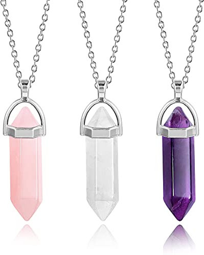 ALEXCRAFT 3 Stück Unisex Rosenquarz Kristall Kette Amethyst Anhänger Edelstein Kette Set Crystal Necklace Für Schmuckherstellung