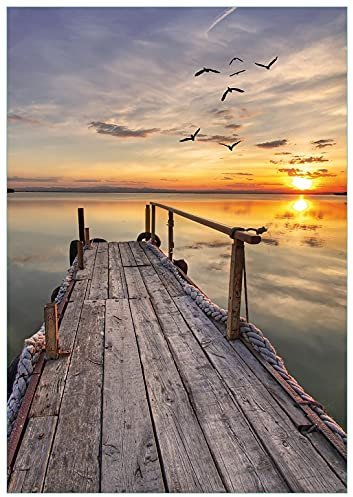 Wallario Glasbild Sonnenuntergang über dem See idyllischer Steg - 70 x 100 cm Wandbilder Glas in Premium-Qualität: Brillante Farben, freischwebende Optik