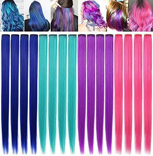 ZHAOWWEI Prinzessinnen Farbig Haarverlängerungen mehrfarbig Party-Highlights Strähnen synthetische Haarteile zum Anklipsen farbige Haarverlängerungen 12 Stück (blau lilab laugrün rosa)