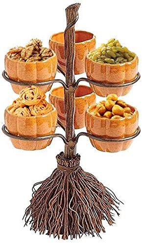 ROUOHUD Halloween Süße Snackschale Ständer, Kreativer Snackkorb – Besen Obstteller-Kreativer Besenstiel Kürbis Kuchenständer, Halloween Party Favor Supplies mit keramischer Kürbis-Schale(Color:C)