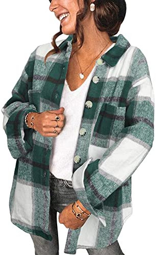 Yming Damen Casual Plaid Langarm Plaid Shirts Button Down Langarm Shirts Shackets Oversized Mantel Grün XXL