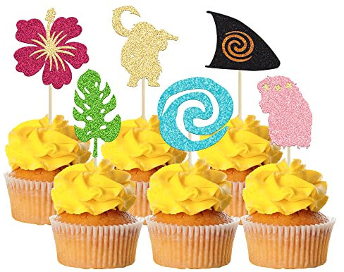 Gyufise 24Pcs Moana Inspired Cupcake Toppers Glitter Palm Leaf Flower Moana Cupcake Pick Decorations for Tropical Hawaiian Luau Theme Baby Shower Birthday Party Supplies