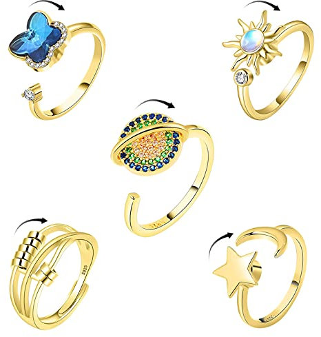 Hifot Anxiety Spinner Ring Set - Verstellbar Anti-Stress Ringe Mit Kristall, Sterne, Mond, Sonne, Schmetterling - Damen Gold Offen für Mädchen, Herren, Geburtstags-Party-Geschenke