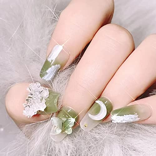 CEBOIC Uñas Postizas, Pegamento Uñas Postizas Hechas a Mano Bailarina Verde Fresco con Luna de Cristal y Mariposa, Press on Nails Para Uso Diario en Fiesta de Mujeres y Niñas
