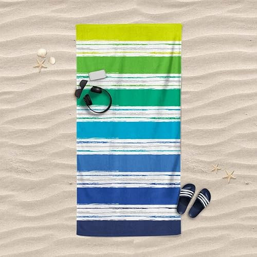 Lisola Toalla de playa de algodón puro jacquard, diseño de rayas arcoíris ideal para playa, mar y piscina, 90 x 180 cm, color verde y azul
