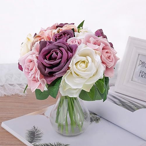 Pauwer 2 Pièces Roses Fleurs Artificielles Deco, Bouquet de Fleurs Fausse Soie pour Mariage, Maison, Arrangement Floral, Centre de la Table, Bouquet de mariée(Pas de Vase)