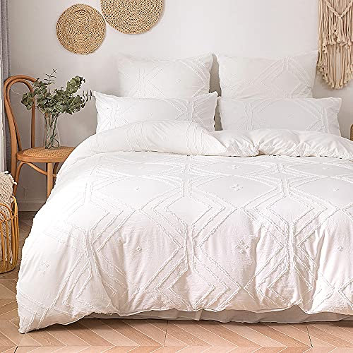 Sedefen Getuftet Boho Bettwäsche 135 x 200cm Weiß Getuftet Geometrisch Bettbezug Set Stickerei Modern Chic Mikrofaser Bohemian Einzelbett Bettwäsche-Sets mit Reißverschluss und Kissenbezug 80x80cm
