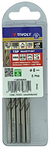 TIVOLY Set mit 5 Hochleistungs-Metallbohrern HSS Ø 5 mm – Schärfen von Smart Point – Bohren der gängigsten Stähle – Bohrungen und Vergrößerung der Löcher – Schaft mit 3 Schlitzen