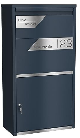 Graviers Design Paketbriefkasten personalisiert freistehend - pulverbeschichteter Stahl mit Edelstahl Namensschild Gravur - Briefkasten Rückholsperre Postbox für Pakete Briefe Paketbox Design 5