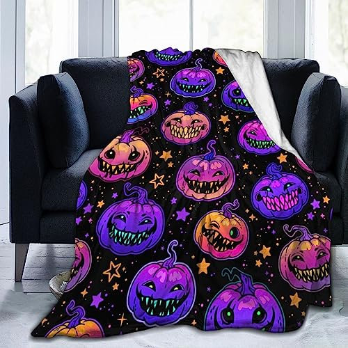 Creepy Toothy Bright Pumpkins-Decke, superweiche Flanell-Überwurfdecken, lustige Halloween-Decke, leicht, gemütlich, warm, Decken für Couch, Bett, Sofa, Urlaubsdekoration, 127 x 101 cm