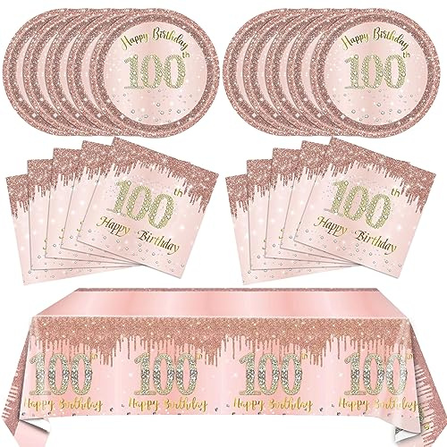 41 piezas de decoración de cumpleaños número 100 de oro rosa, vajilla desechable para cumpleaños de 100 años, incluye platos, servilletas, mantel para mujer