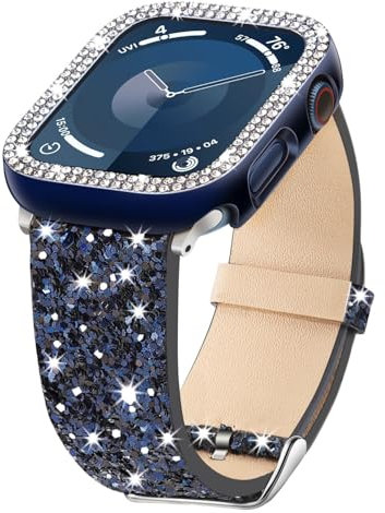 Bling Bands Compatible with Apple Watch Band + Case 38mm 40mm 41mm 42mm 44mm 45mm Ultra 49mm, Glitter Leather Strap with Bling Diamond Protector Cover For iWatch Series 8 7 6 5 4 3 2 1 SE (45mm,