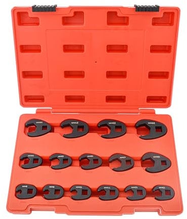 Gunpla 15-tlg. Hahnenfußschlüssel Satz Schwarz Metrisch 8-24mm Antrieb Innenvierkant 3/8 und 1/2, Chrom-Molybdän-Material Krähenfuß-schlüsselsatz mit Aufbewahrungsbox