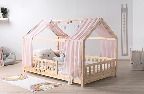 TiCAA Kinderbett Hausbett mit Tüll Kim inkl. Rolllattenrost
