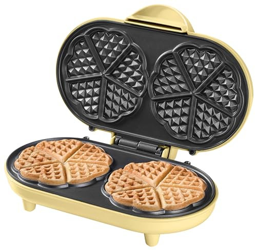 Bestron Doppel-Waffeleisen für klassische Herzwaffeln, Herzwaffeleisen mit Backampel & Antihaftbeschichtung, ideal für Kindergeburtstage, Ostern & Weihnachten, Farbe: Gelb
