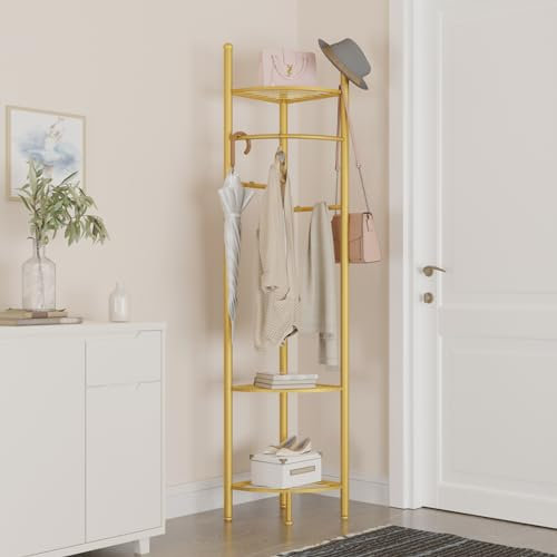 unho Porte Manteau sur Pieds d’Angle: Portant à Vêtements en Métal Dore Vestiaire d’Entrée avec Étagère pour Chambre Salon Maison - 174x44.5 cm