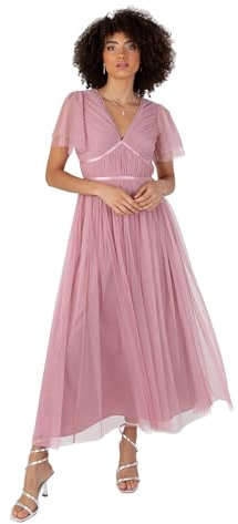 Anaya with Love Damen Women's Ladies Midaxi Dress V-Neck Short Flutter Sleeve Ribbon A-line Tulle for Bridesmaid Wedding Guest Prom Ball Gown Kleid, Bridal Rose, 54 EU