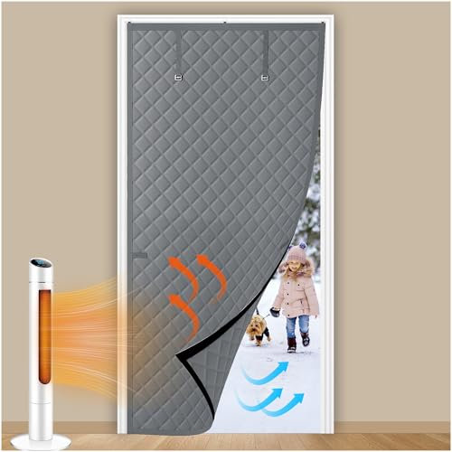 Augblinds Thermal Insulated Door Curtain Fits Door Size 36 x 80 Inch, Oxford Cloth Thicken Cotton Filled, Curtain Size 39 x 82, Single Piece Door Insulation Blanket Cover for Cold in Winter, Grey