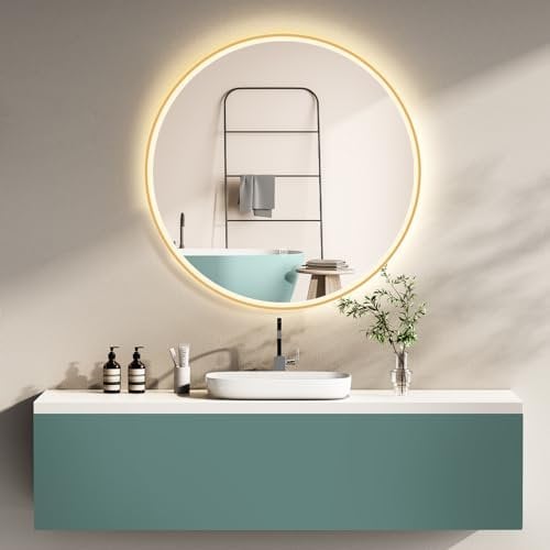 HOKO Design Badspiegel rund 80 cm Lissabon mit Metall Rahmen Gold. Runder Wandspiegel Energiesparend LED beleuchtet, Touch Schalter,Lichtfarbe Wechsel-Warmweiß-Kaltweiß-Neutral