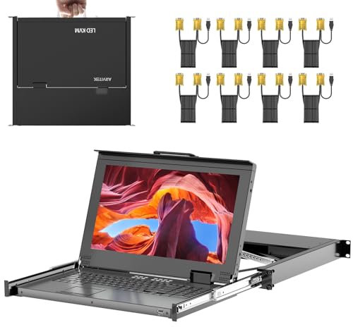 KVM de montaje en rack con monitor LCD de 15.6 pulgadas, conmutador KVM Arvitek de 8 puertos VGA con asa, apto para rack de 1U de 19 pulgadas, adecuado para gabinete de red de 600-800 mm + 8 cables
