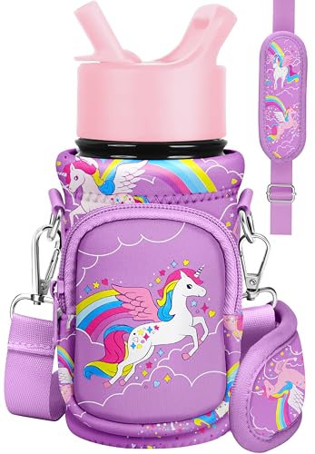 Miss Adola Water Carrier - Cartoon Bottle Bags Holder for Kids Boys Girls, Neoprene Insulated Sleeve for 10/12/14/16/18Oz Stainless Steel Glass Bottles With Strap, Unicorn