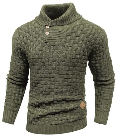 HYPESTFIT Mens Knitted Sweater Crew Neck Warm Long Sleeve Pullover Textured Ribbed Edge Top Army L