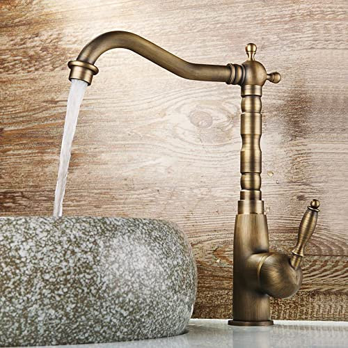 Grifo de latón antiguo para baño, grifo monomando para baño, grifo de lavabo nostálgico, altura 23 cm, Amatur agua fría y caliente, estilo vintage, dorado