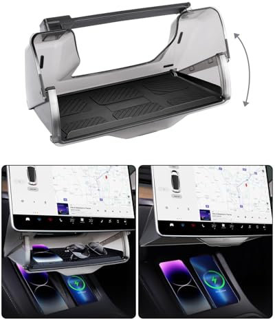 7ffeiLL Under-screen Storage Box for Tesla Model Y, Concealable Organizer Box Under the Screen, Removable, Non-slip Silicone Pad