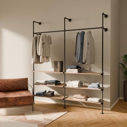 pamo Offener Kleiderschrank Wandmontage – 200 kg Traglast | 201 x 222 cm | Industrial, Begehbarer Kleiderschrank System mit Eichenholz-Regal, Wandsystem aus Wasserrohren Metall schwarz