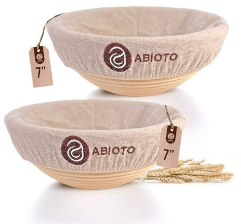 ABIOTO Bread Proofing Baskets for Sourdough Bread Baking - Set of 2 7 Round Banneton Baskets with Liners, Made of Finest Indonesian Rattan - Bake Perfect Artisan Bread Loaves at Home Like a Pro