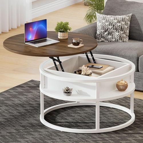 DWVO Couchtische für Wohnzimmer, Runder Couchtisch mit Ablagefläche und Verstecktem Fach, rustikaler Couchtisch, Holz-Mitteltisch