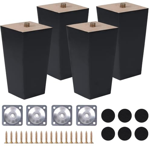 COEWUR 4 Pièces Pieds de Meuble Noir Bois 10cm Pieds de Lit avec Plaque de Montage Vis Patins en Feutre Carré Pieds Meuble Conique pour Canapé Armoire Lit Meuble TV Commode Fauteuil