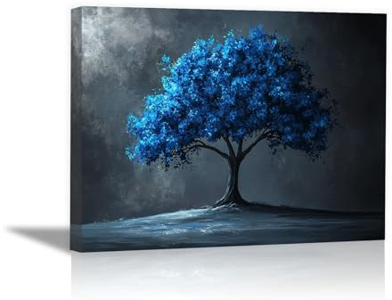 DunPei Albero della vita decorazione da parete, Albero su sfondo grigio Moderni soggiorno camera da letto ristorante Decorazione Murale - 60x90cm Incorniciato(blu)