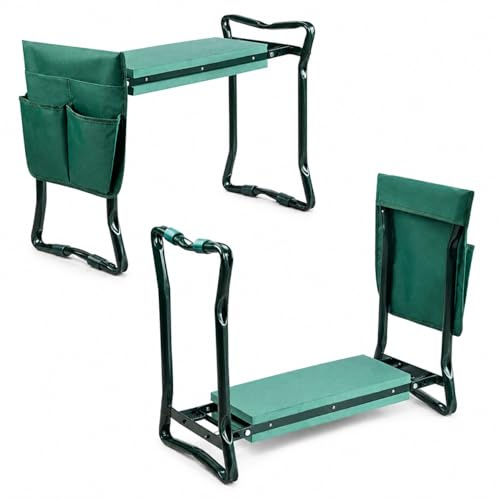 AufuN 2 in 1 Kniebank für Gartenhocker Gartenarbeit bis 150 kg Grün | mit Eva-Schaumkissen Gepolstert, Faltbarer Garten Arbeitshocker mit 2 Arbeitstasche,60x50x28cm