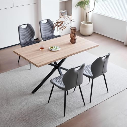 JZGORC Esstisch mit 4 Stühlen Esszimmer-Set,140 * 78 * 77 cm Rechteckiger Esstisch aus Holz,4 Stühle mit hoher Rückenlehne, Schwarze Meta-Beine,Hellbrauner Tisch+Grau Stühle