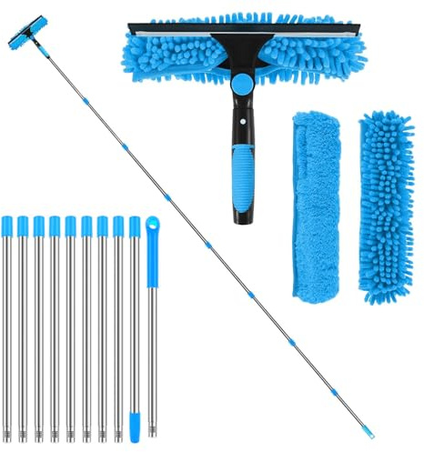 4,5M Teleskop Fensterwischer Abzieher Set, 2-in-1 Fensterreiniger Set mit 10 Verlängerungsstangen Gummiwischer und Mikrofasertuch, Ideal für Innen & Außen, Hochfenster, Wand, Auto
