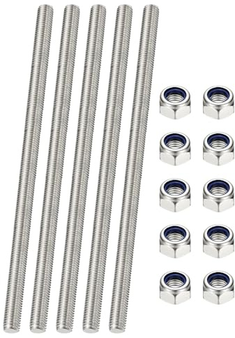 PATIKIL 5 Stück 304 Edelstahl Gewindestange M6 x 250mm Massiv Gewindestab | Lang Metallstange mit Gewinde für Montage Befestigung Möbel Treppe Geräte Zäune, mit 10 Stück Sechskantmuttern