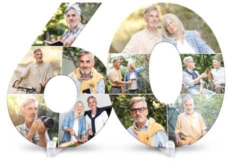 Kartenmachen.de Personalisierte Acrylglas Fotocollage - 60. Geburtstag - mit 10 eigenen Bildern, 3mm Acrylglas, Ständer und Klebepunkte optional, Größe wählbar, Geschenk zum Geburtstag