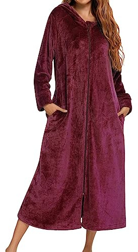 Generisch Vestaglia calda da donna lunga con cappuccio, accappatoio con chiusura lampo, soffice e confortevole, in flanella, da notte