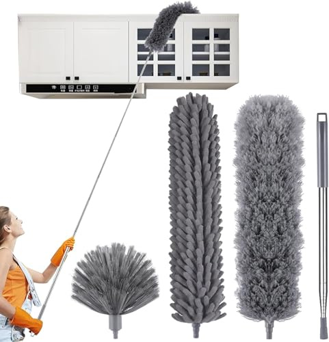 Feather Duster Extendable, Dusters for Cleaning Kit with Telescoping Extension Pole 100 Inch, Long Handled Duster for Cleaning Cobwebs Ceilings Fans, Reusable Bendable (Grey)