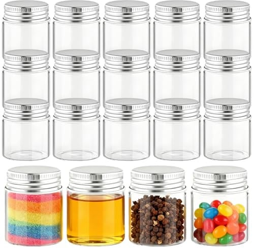 Acetiti 15 Pcs 50ml Mini Glass Jars with Aluminum Screw Cap, 45mm x 50mm Clear Empty Glass Storage Bottles Small Sample Jars Vials for Spices Beads DIY Projects Wedding Party Favors