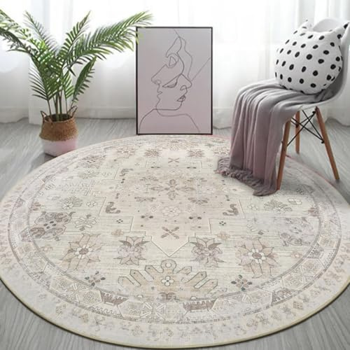 Capslpad Vintage Teppich Rund 135cm Beige Waschbarer | Kurzflor Boho,Retro Teppich,Weich Rutschfest,Runder Teppich,für Wohnzimmer,Esszimmer,Schlafzimmer,Büro,Teppiche